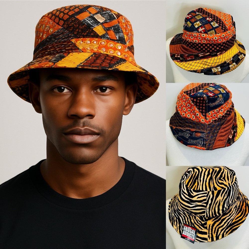 Upcycled Patchwork Silk Tie Bucket Hat with Quilted Design & Animal Print Lining